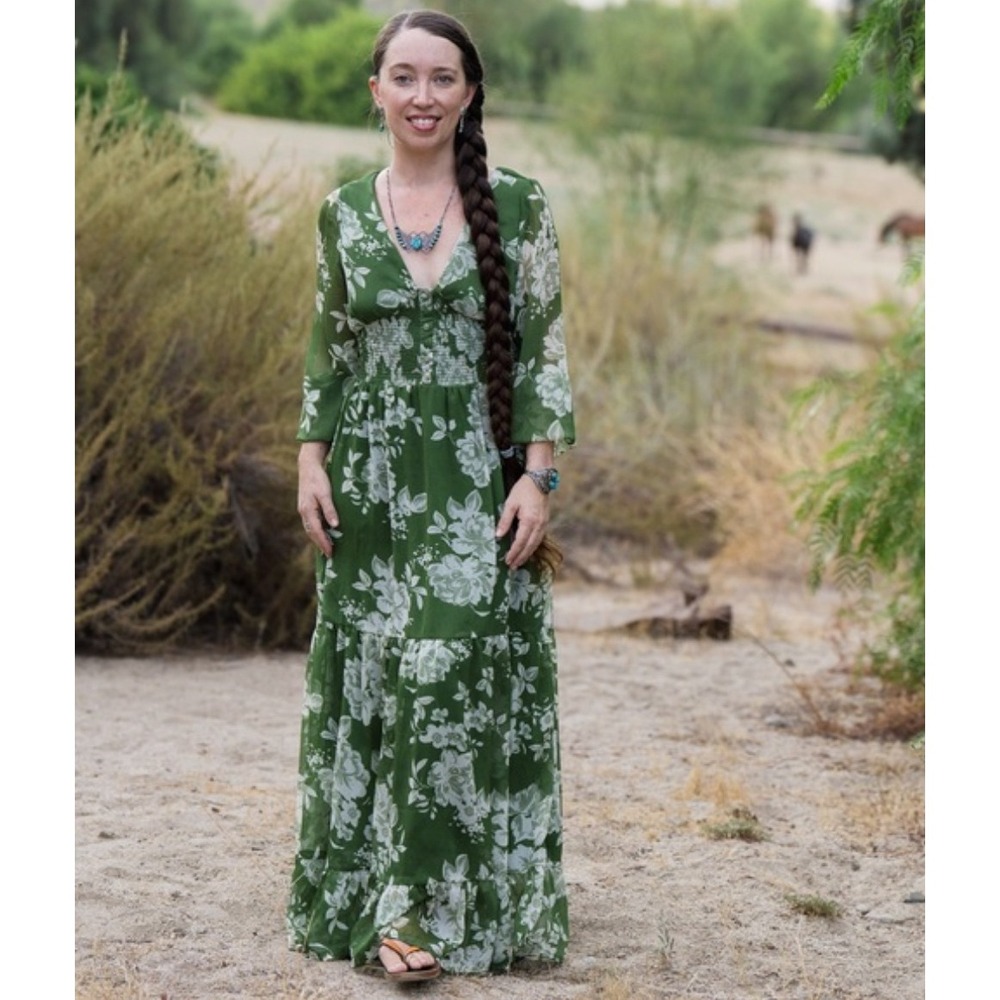Patrons of Peace‎ Green Floral Maxi Dress Smocked Waist Boho V-Neck Small